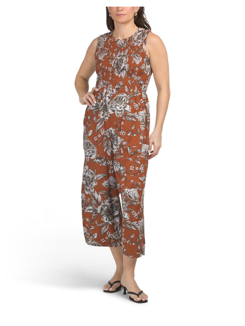 Calvin Klein Floral Smocked Sleeveless Jumpsuit Wide Leg Boho Chic Resort Wear